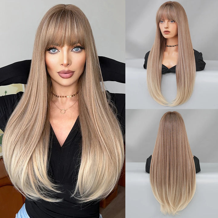 Long Straight Honey Blonde High-Quality Synthetic Hair with Bangs for Women. Heat-Resistant Fiber, Hot Selling 28 Inch.