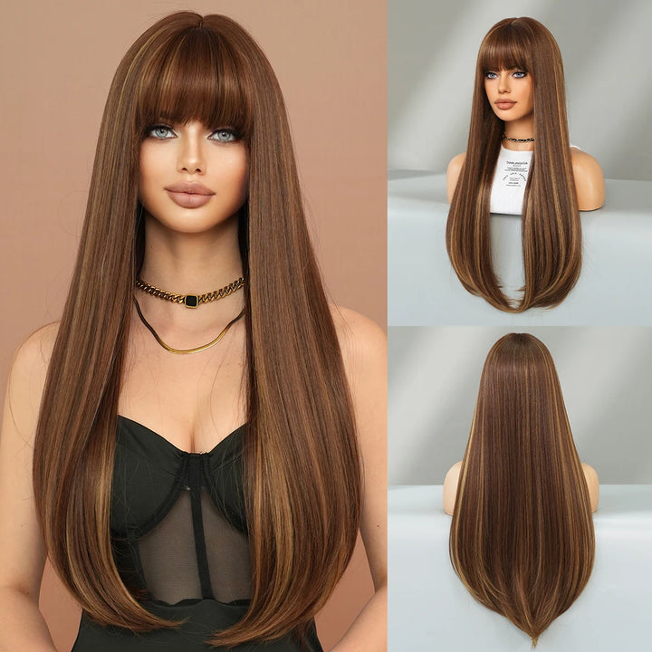 Long Straight Honey Blonde High-Quality Synthetic Hair with Bangs for Women. Heat-Resistant Fiber, Hot Selling 28 Inch.