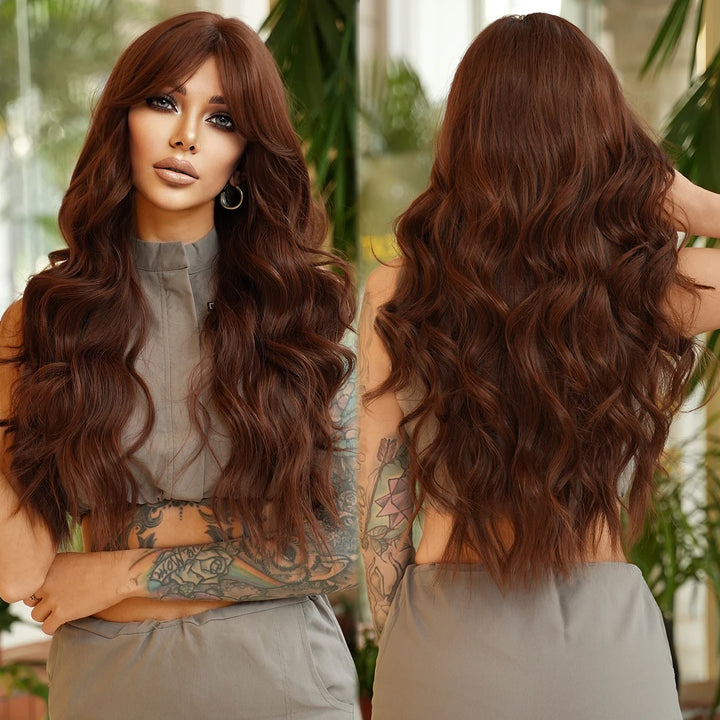 Ombre Brown Long Curly Hair Wig with Bangs for Women - 28 Inches
