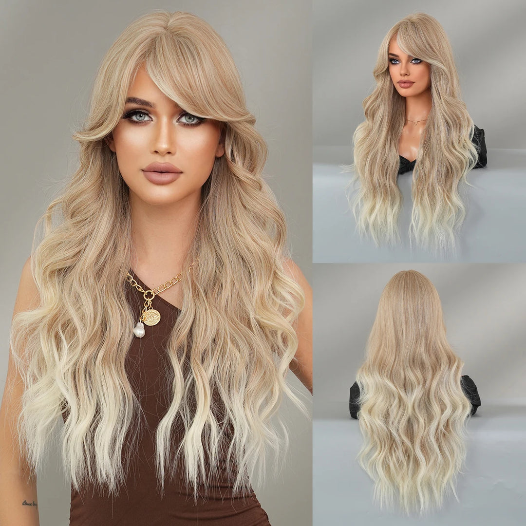 Ombre Brown Long Curly Hair Wig with Bangs for Women - 28 Inches