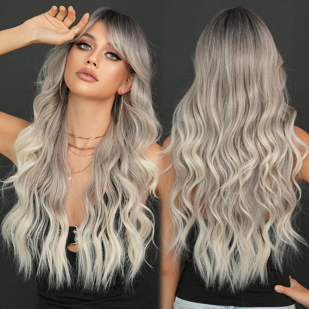Ombre Brown Long Curly Hair Wig with Bangs for Women - 28 Inches