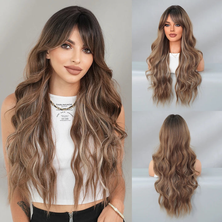 Ombre Brown Long Curly Hair Wig with Bangs for Women - 28 Inches