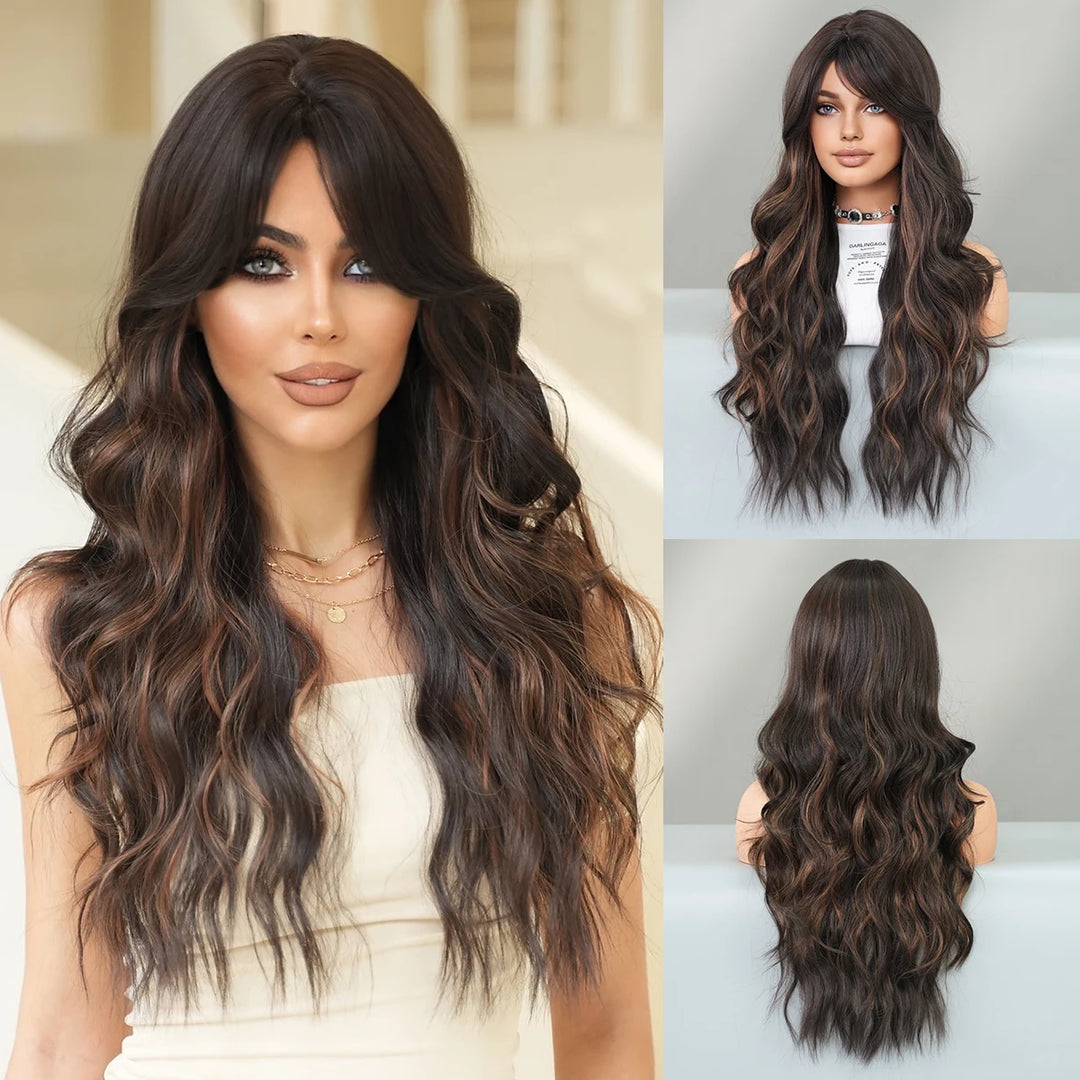 Ombre Brown Long Curly Hair Wig with Bangs for Women - 28 Inches
