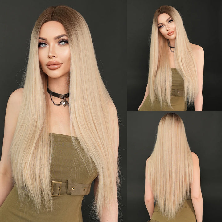 32" Ombre Red Synthetic Hair Wig with Bangs and Middle Part, Billie Eilish Style