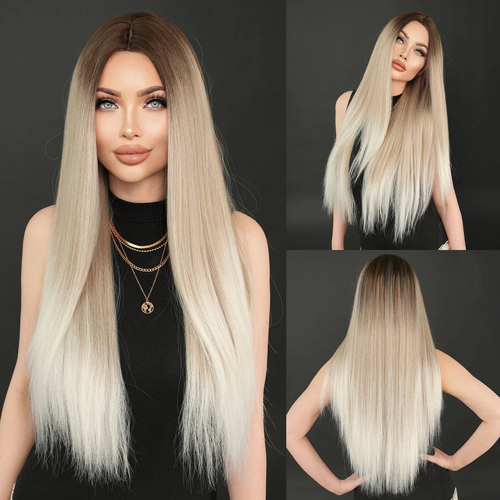32" Ombre Red Synthetic Hair Wig with Bangs and Middle Part, Billie Eilish Style