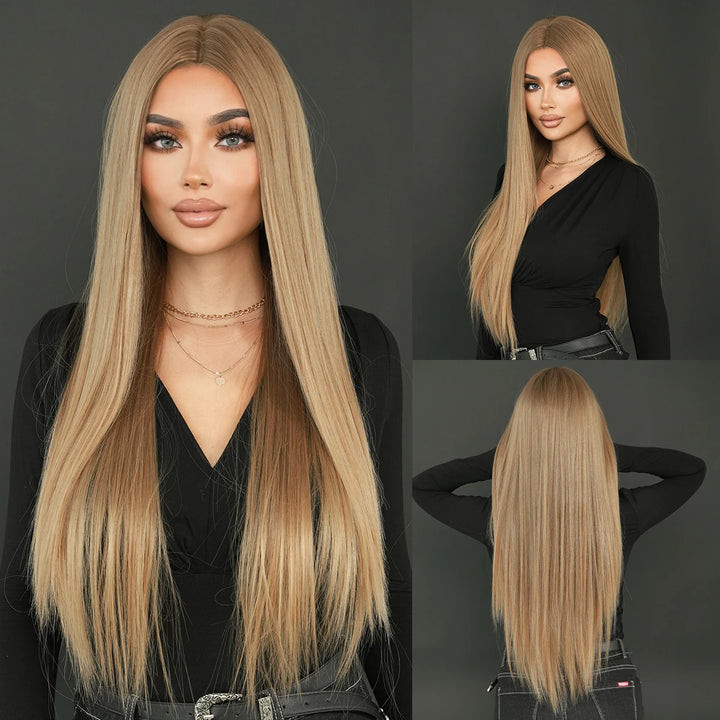 32" Ombre Red Synthetic Hair Wig with Bangs and Middle Part, Billie Eilish Style