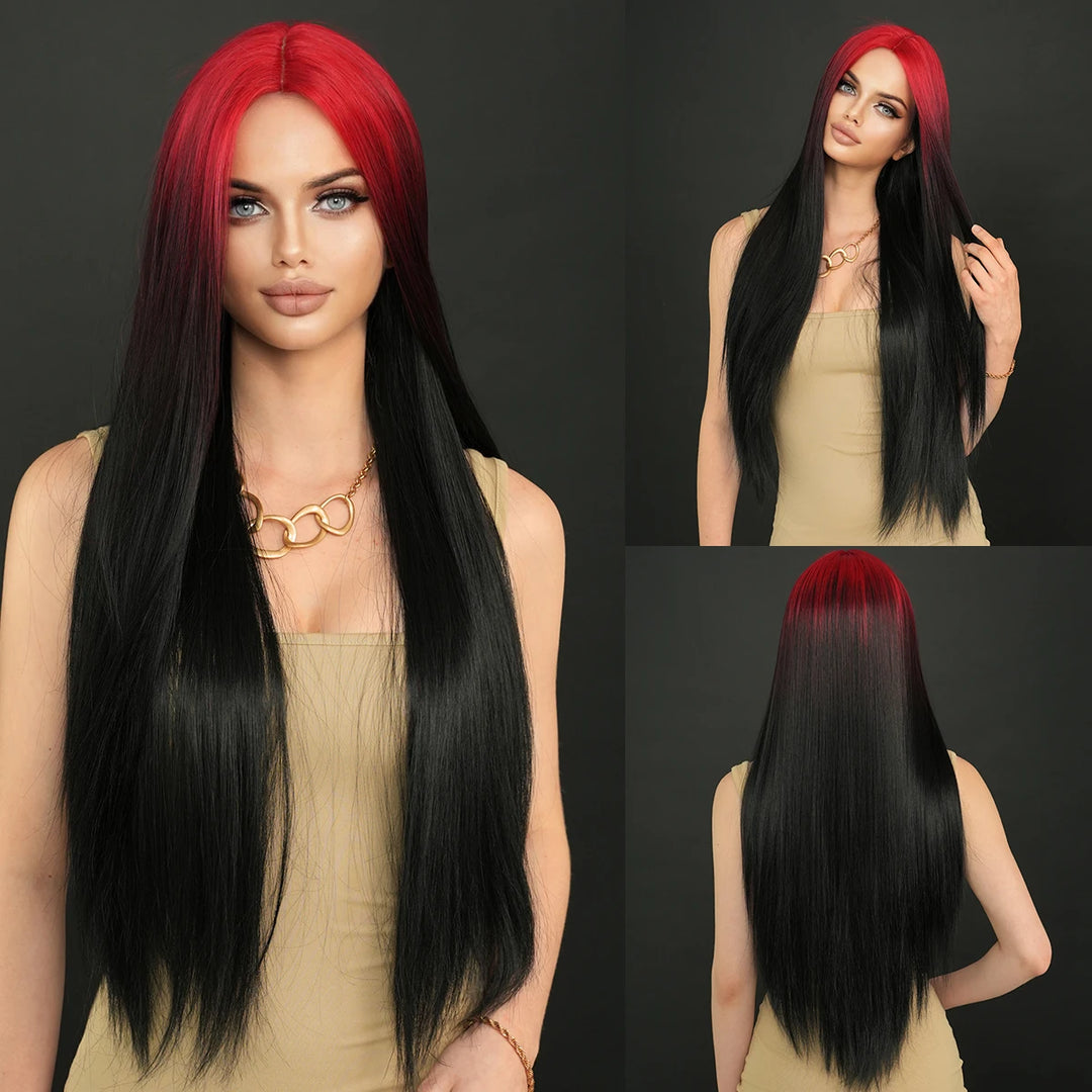 32" Ombre Red Synthetic Hair Wig with Bangs and Middle Part, Billie Eilish Style