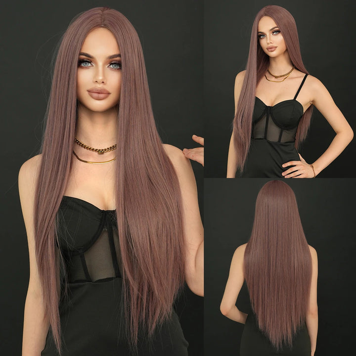 32" Ombre Red Synthetic Hair Wig with Bangs and Middle Part, Billie Eilish Style