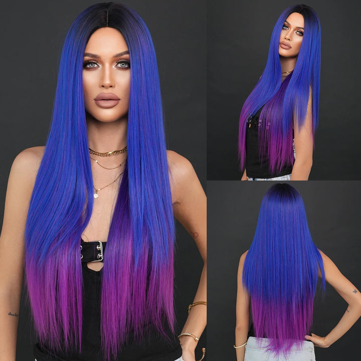 32" Ombre Red Synthetic Hair Wig with Bangs and Middle Part, Billie Eilish Style