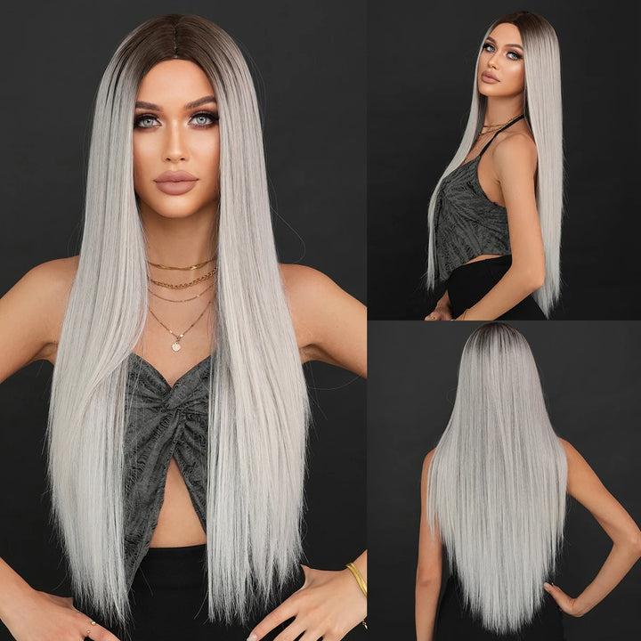 32" Ombre Red Synthetic Hair Wig with Bangs and Middle Part, Billie Eilish Style
