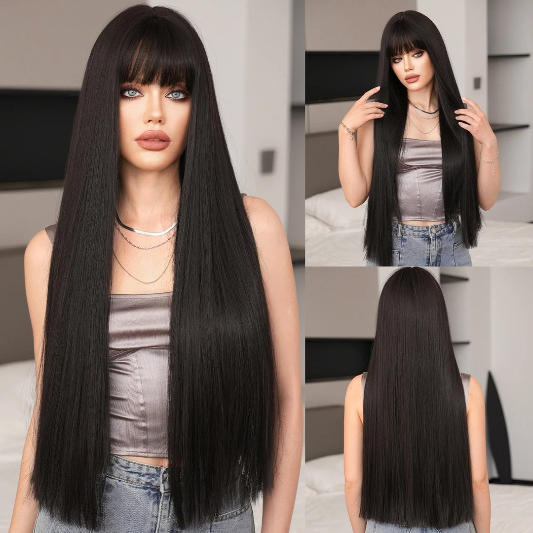 28 Inch Natural Black Wig with Bangs Extra Long Straight Wig for Women. This wig is natural-looking and comes in black-brown synthetic material.