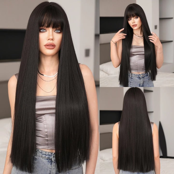 28 Inch Natural Black Wig with Bangs Extra Long Straight Wig for Women. This wig is natural-looking and comes in black-brown synthetic material.
