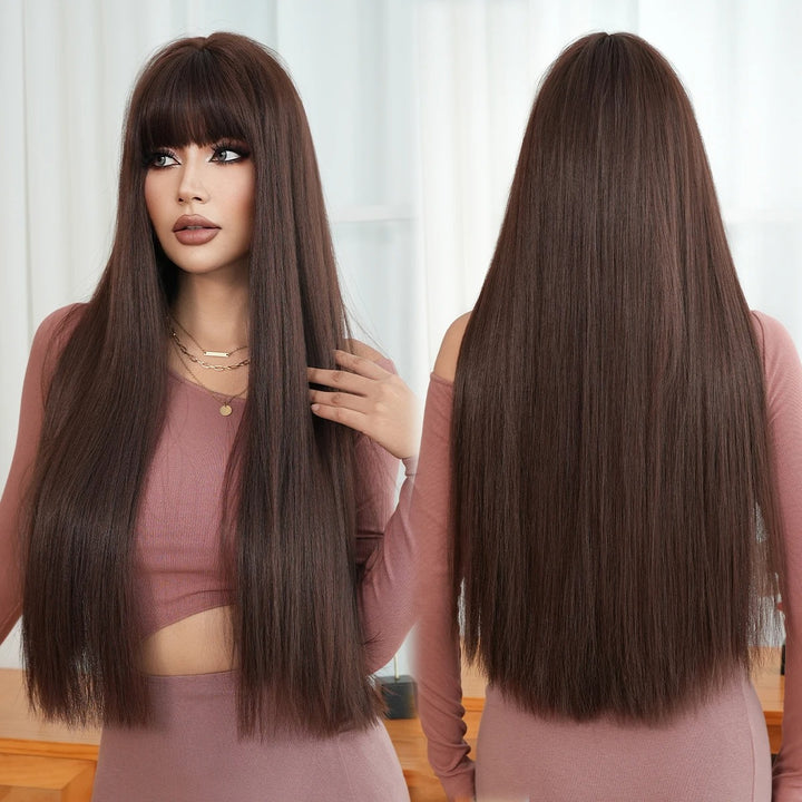 28 Inch Natural Black Wig with Bangs Extra Long Straight Wig for Women. This wig is natural-looking and comes in black-brown synthetic material.