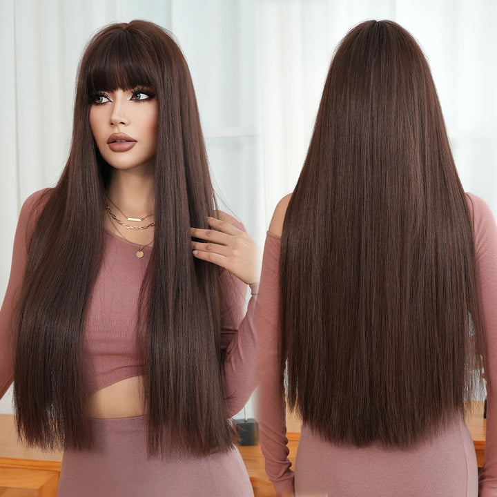 28 Inch Honey Blond Wig with Bangs, Long Straight Synthetic Wig for Women. Natural looking and suitable for daily use.