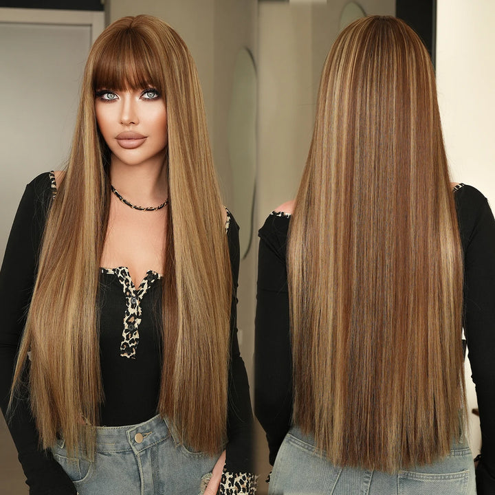 28 Inch Honey Blond Wig with Bangs, Long Straight Synthetic Wig for Women. Natural looking and suitable for daily use.