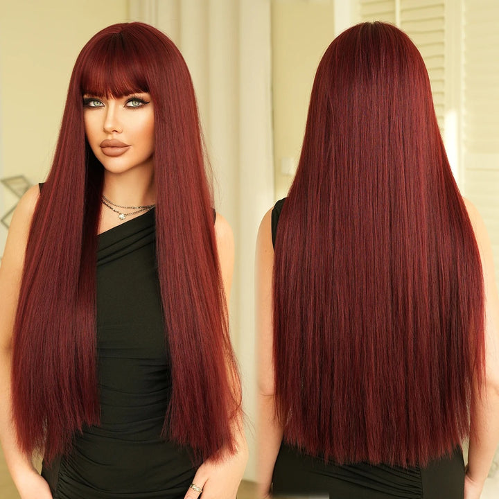 28 Inch Natural Black Wig with Bangs Extra Long Straight Wig for Women. This wig is natural-looking and comes in black-brown synthetic material.