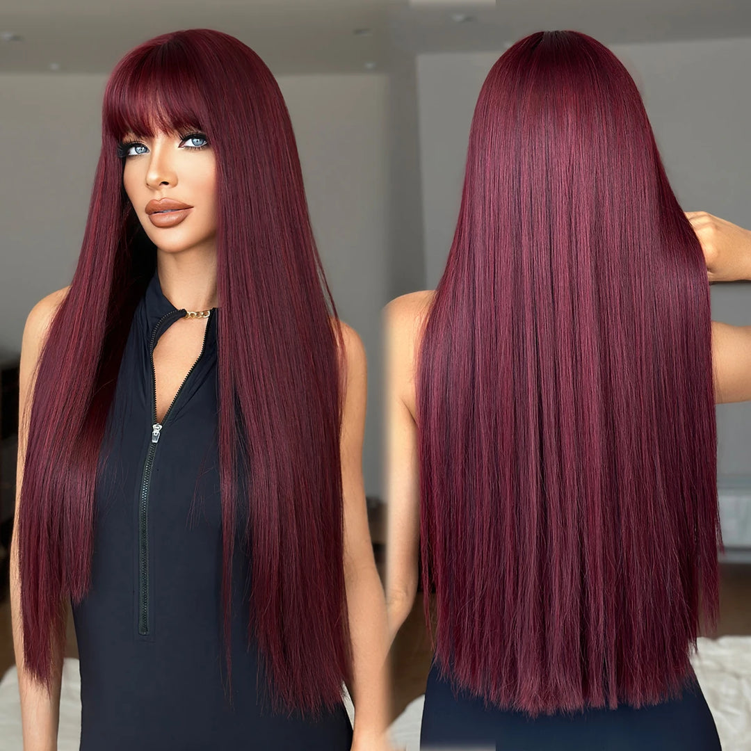 28 Inch Honey Blond Wig with Bangs, Long Straight Synthetic Wig for Women. Natural looking and suitable for daily use.