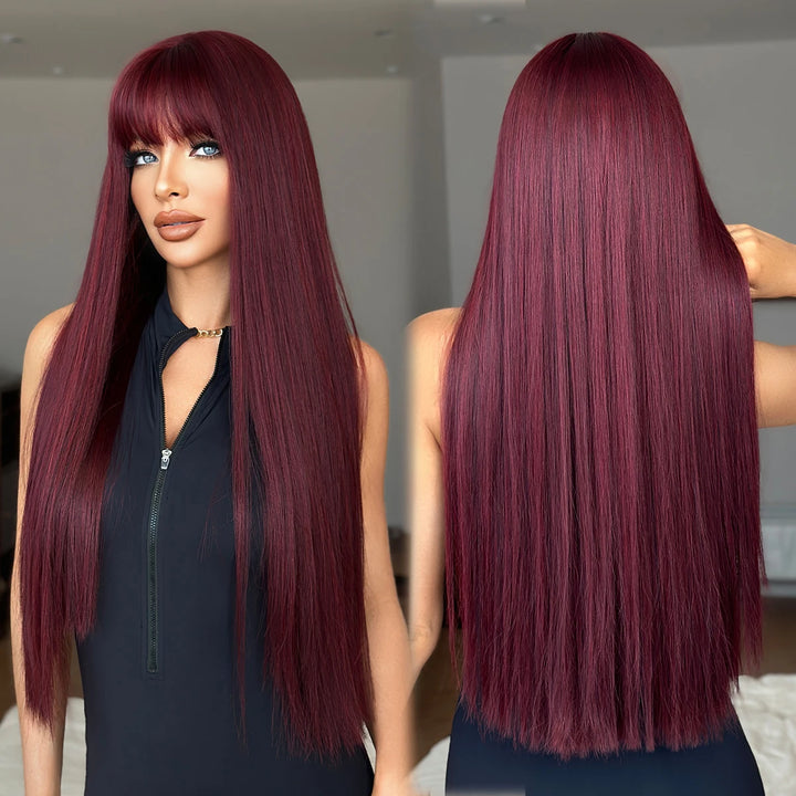 28 Inch Honey Blond Wig with Bangs, Long Straight Synthetic Wig for Women. Natural looking and suitable for daily use.