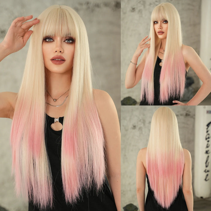 Blonde Pink Long Straight Synthetic Wig with Bangs for Women. Perfect for Cosplay, Halloween, and Parties. Ombre Hair Wig.