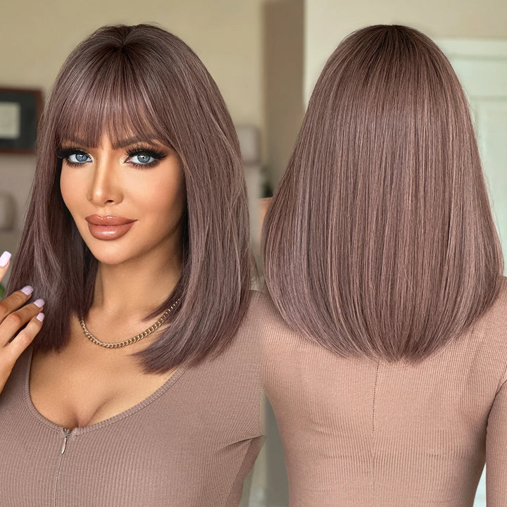 Purple Ombre Shoulder-Length Straight Layered Synthetic Wig with Bangs, 16 Inches. Natural Matte Hair for Women.