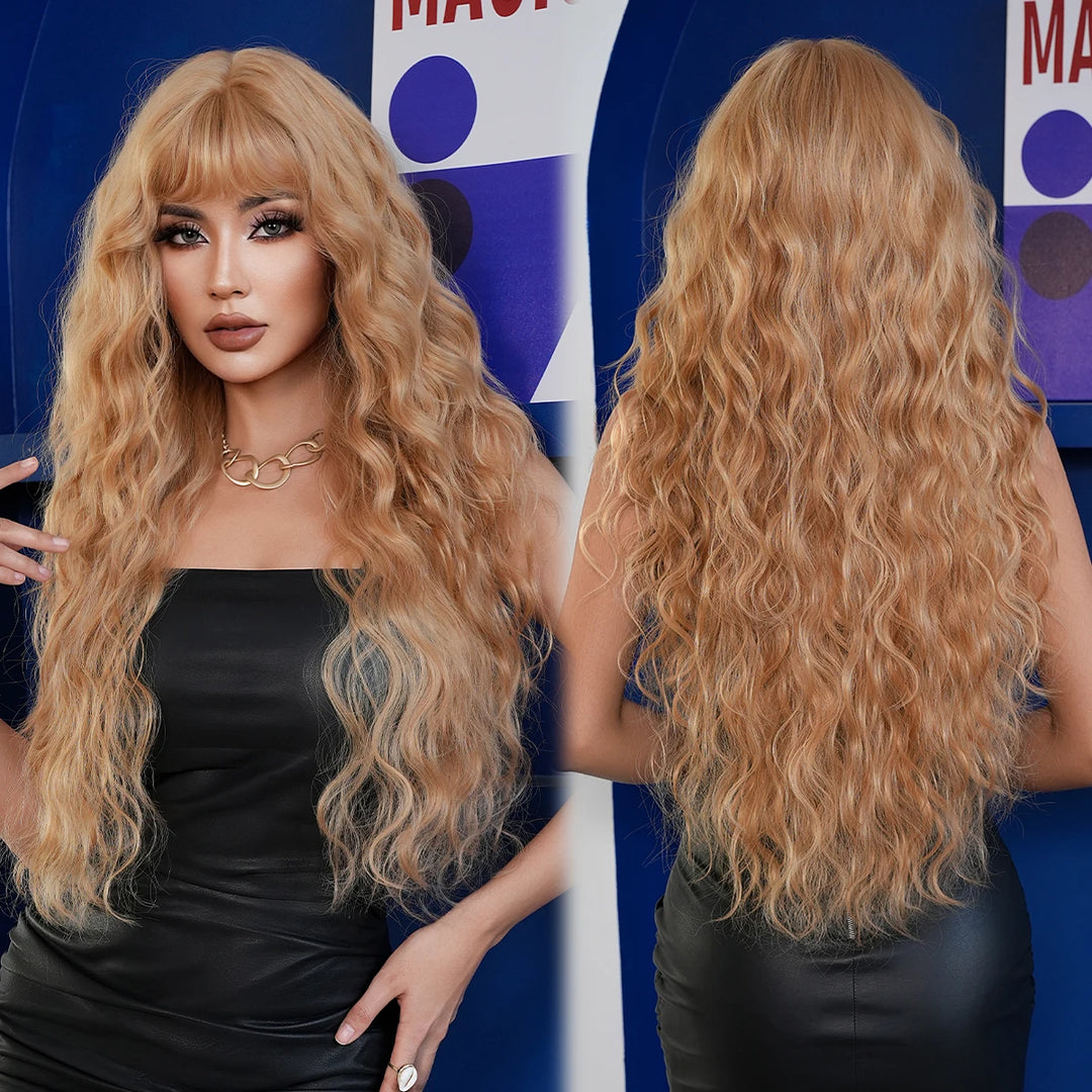 Ombre Brown Water Wavy Wig with Bang for Woman 32 Inch Synthetic Glueless Wig Natural Matte Hair