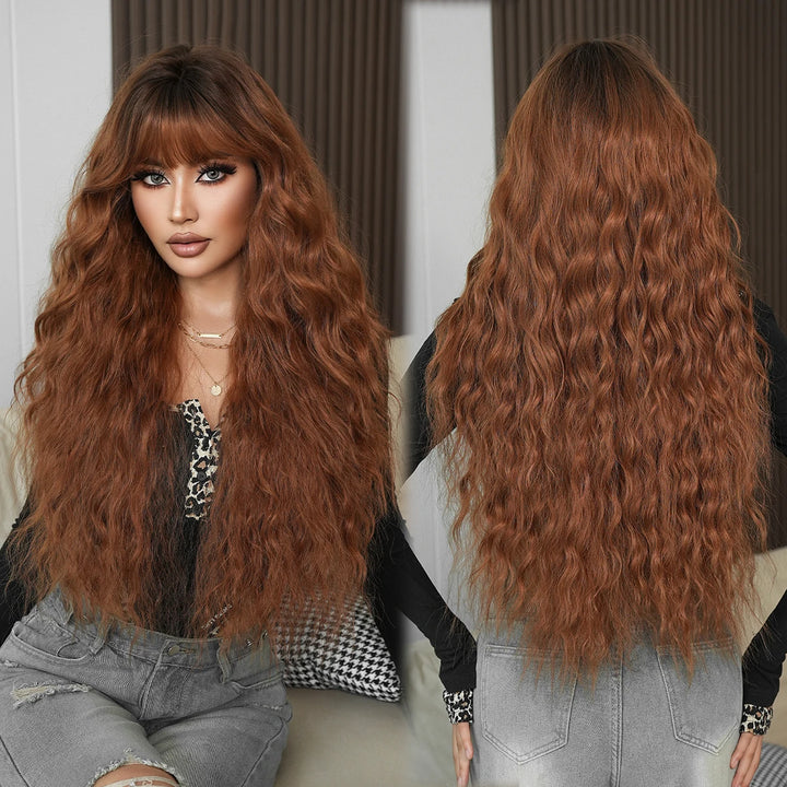 Ombre Brown Water Wavy Wig with Bang for Woman 32 Inch Synthetic Glueless Wig Natural Matte Hair