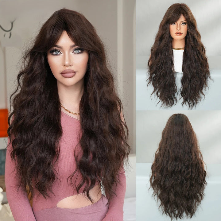 28 Inch Curly Ombre Brown Synthetic Hair Shoulder Length Wavy Wig. Heat resistant fiber, natural look