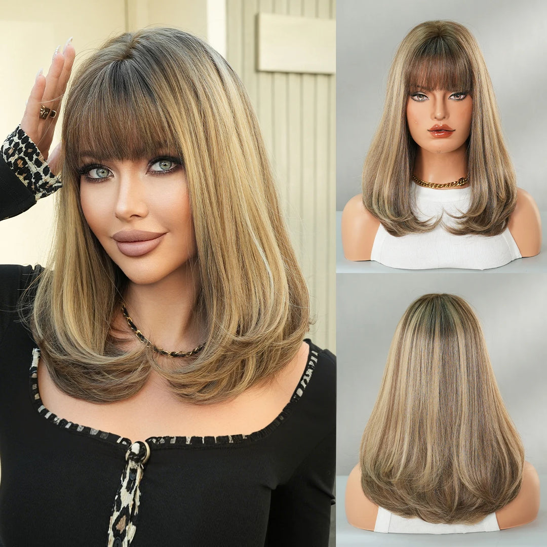 16 Inch Ombre Honey Blond Shoulder Length Straight Synthetic Heat Resistant Wig for Women Natural Hair Slit Matte Hair Wig