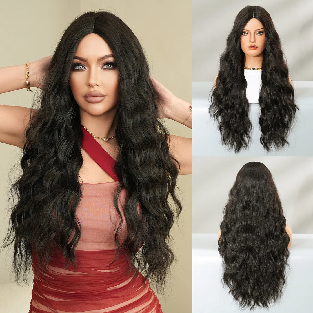 30 Inch Natural Black Long Curls Synthetic Heat Resistant Wig for Women with Middle Part Water Waves Hair. Features a Slit Matte Hair Wigs Peluca.