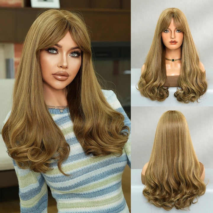 24-inch long curly middle-parted blond synthetic hair wigs with bangs. Blonde heat-resistant fiber natural matte wigs. Peluca.