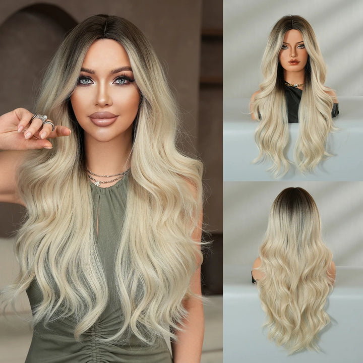 30 Inch Ombre Platinum Blonde Long Curls Synthetic Wig for Women. Heat Resistant with Natural Hair Slit. Matte White Hair Wigs. Peluca