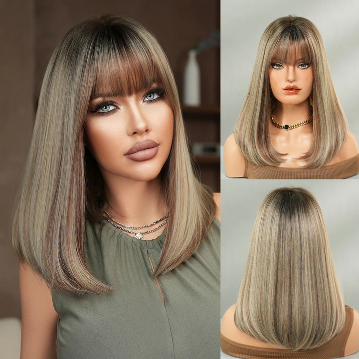 16" Ombre Brown Shoulder Length Straight Synthetic Heat Resistant Wig for Women with Natural Hairline. Matte finish.