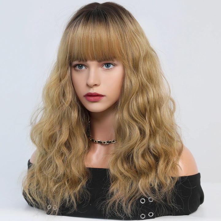 Short curly ombre blue wig with bangs for women. Shoulder-length wavy bob style made of synthetic hair. Perfect for daily wear, cosplay, and Halloween.