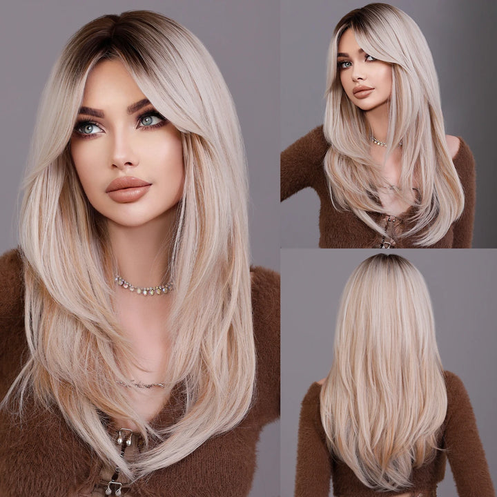 Blonde ombre layered wig with curtain bangs for women. High density heat resistant synthetic hair in dark brown.