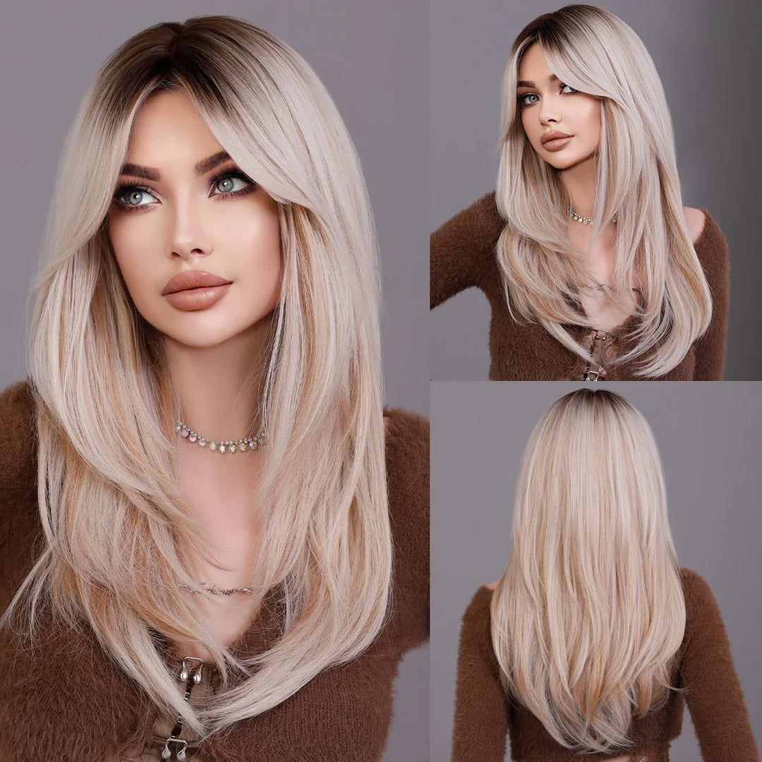 Green Highlight Layered Wig with Curtain Bangs, Synthetic Heat Resistant Hair Wig for Women.
