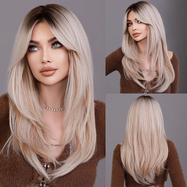 Green Highlight Layered Wig with Curtain Bangs, Synthetic Heat Resistant Hair Wig for Women.