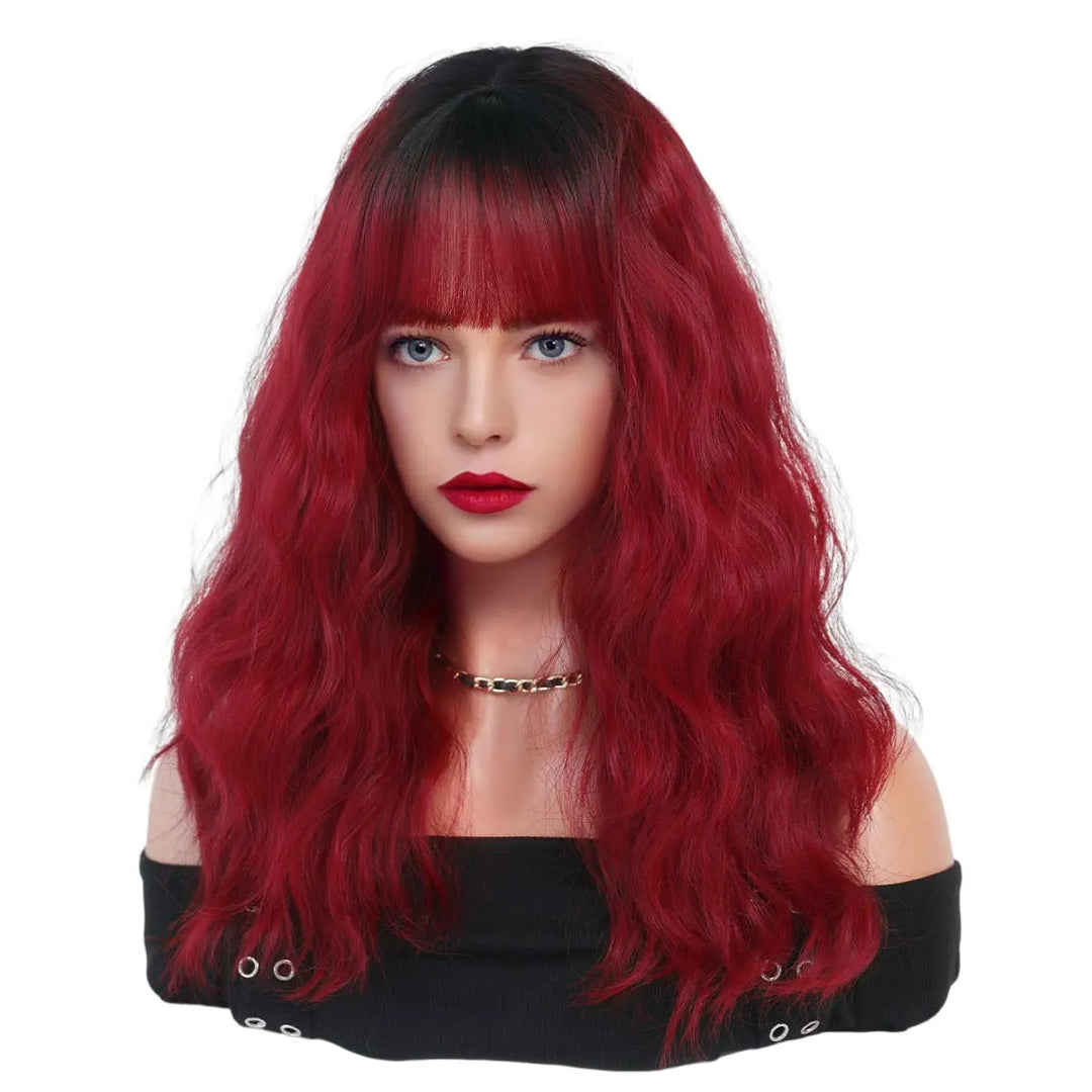 Short curly ombre blue wig with bangs for women. Shoulder-length wavy bob style made of synthetic hair. Perfect for daily wear, cosplay, and Halloween.