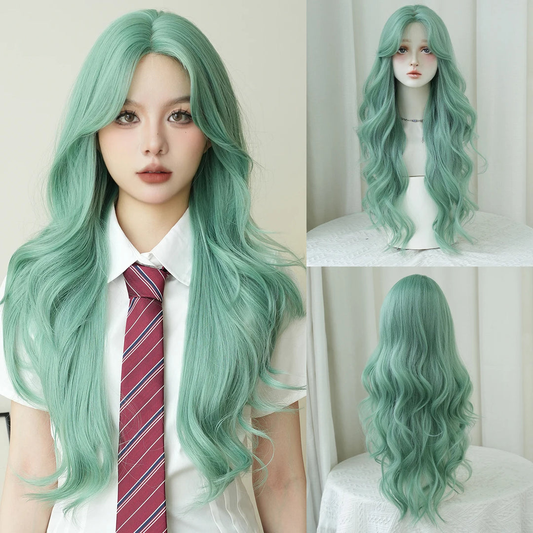 28-inch long water wave light green middle-parted synthetic matte hair wig for women. Heat-resistant lace front wig.