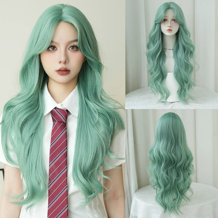 28-inch long water wave light green middle-parted synthetic matte hair wig for women. Heat-resistant lace front wig.