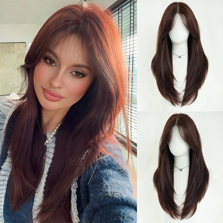 Monotop U Part Lace Long Curly Wig with Bangs for Women, 26 Inches, Heat Resistant Synthetic Brown Wig