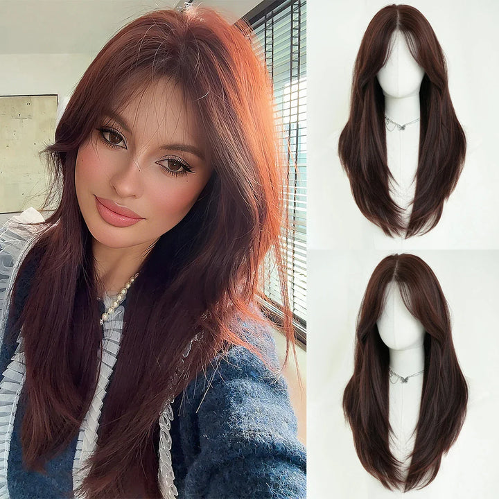 Monotop U Part Lace Long Curly Wig with Bangs for Women, 26 Inches, Heat Resistant Synthetic Brown Wig