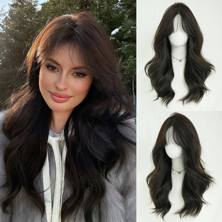 Monotop U Part Lace Long Curly Wig with Bangs for Women, 26 Inches, Heat Resistant Synthetic Brown Wig