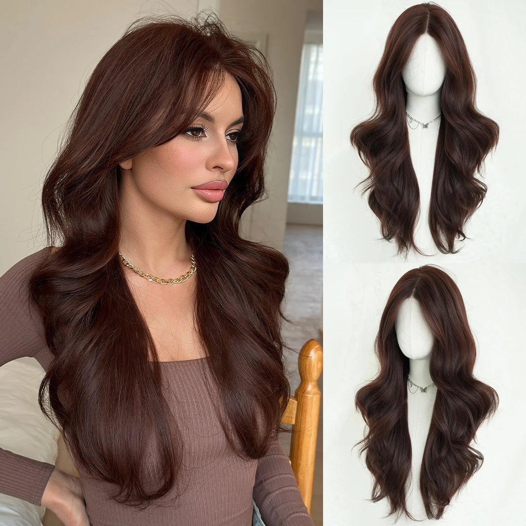 Monotop U Part Lace Long Curly Wig with Bangs for Women, 26 Inches, Heat Resistant Synthetic Brown Wig