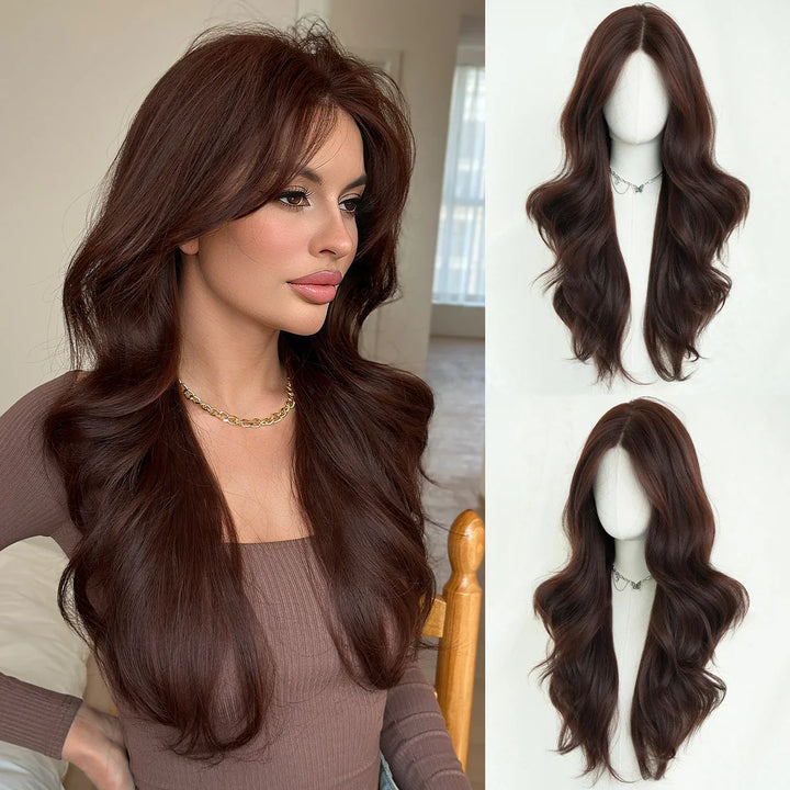 Monotop U Part Lace Long Curly Wig with Bangs for Women, 26 Inches, Heat Resistant Synthetic Brown Wig