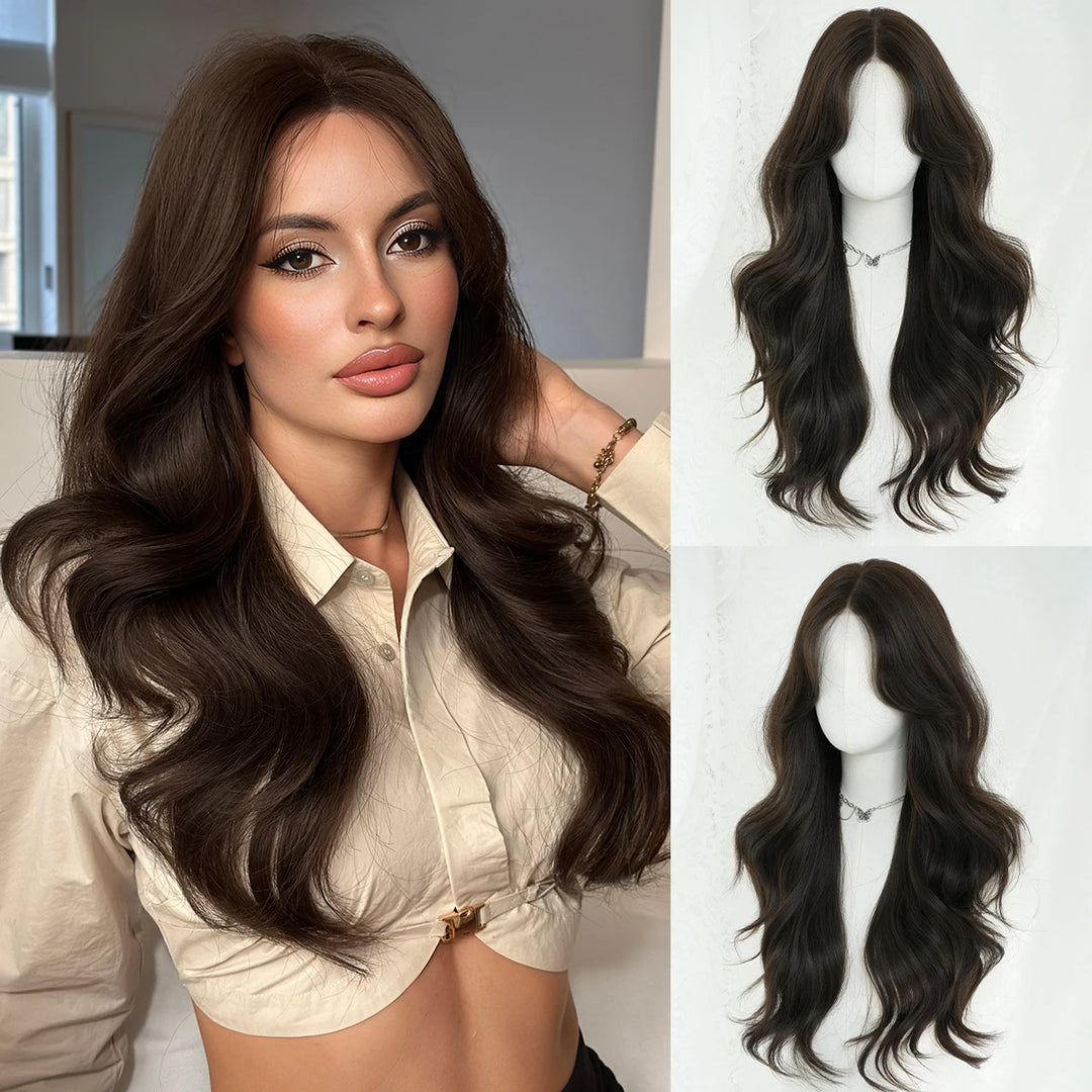 Monotop U Part Lace Long Curly Wig with Bangs for Women, 26 Inches, Heat Resistant Synthetic Brown Wig
