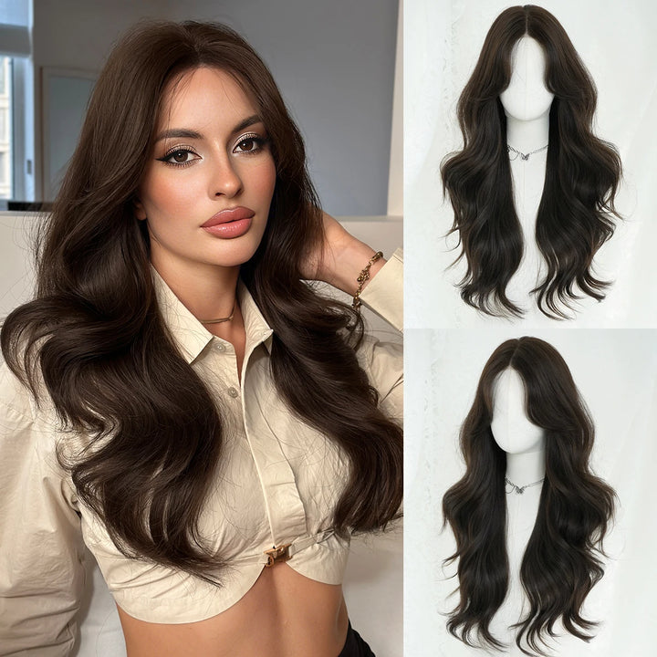 Monotop U Part Lace Long Curly Wig with Bangs for Women, 26 Inches, Heat Resistant Synthetic Brown Wig