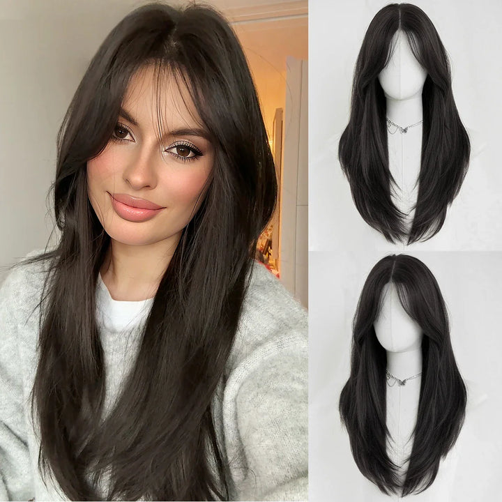 Monotop U Part Lace Long Curly Wig with Bangs for Women, 26 Inches, Heat Resistant Synthetic Brown Wig