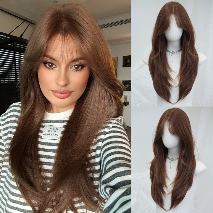 Monotop U Part Lace Long Curly Wig with Bangs for Women, 26 Inches, Heat Resistant Synthetic Brown Wig