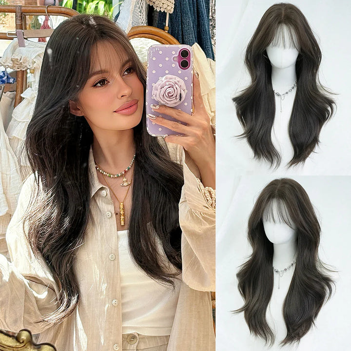 Monotop U Part Lace Long Curly Wig with Bangs for Women, 26 Inches, Heat Resistant Synthetic Brown Wig