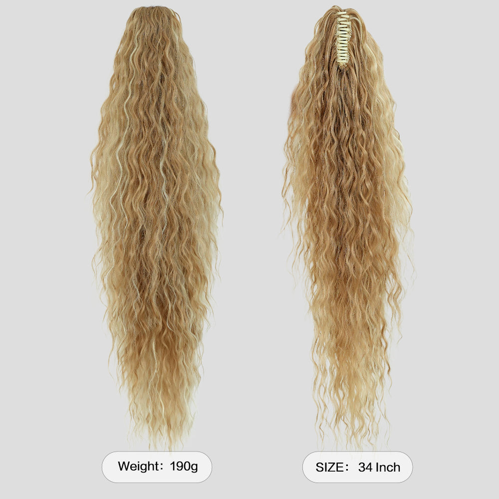 34 Inch Women's Black Synthetic Deep Wave & Water Wave Adjustable Size Ponytail Wig with Clip in